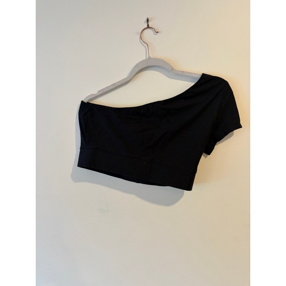 Black One Shoulder Crop Top Asymmetrical Short Sleeve Minimalist Stretch M
